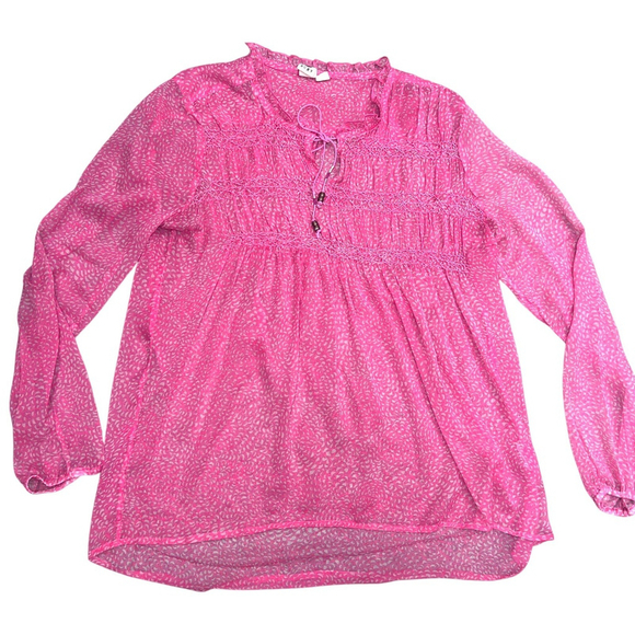 Roxy Bright Pink & White Sheer Top Long Sleeve Peasant Beach Summer Size Medium - Picture 1 of 7